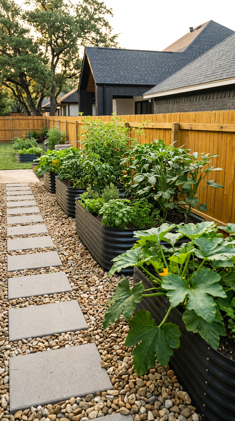Modern galvanized raised garden bed full of vegetables in an Austin backyard at golden hour